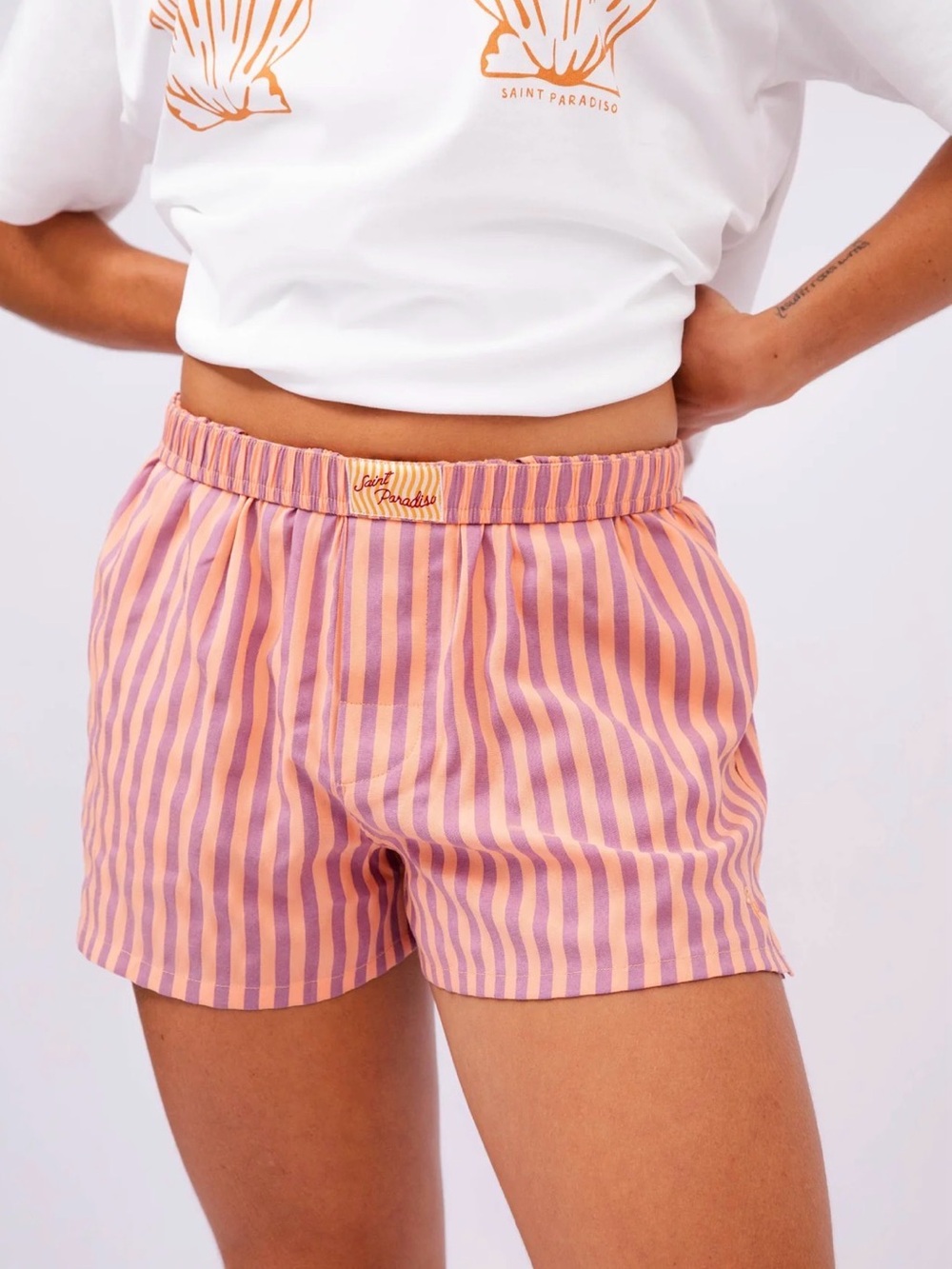 Pink & Peach-Orange Striped Athletic Shorts